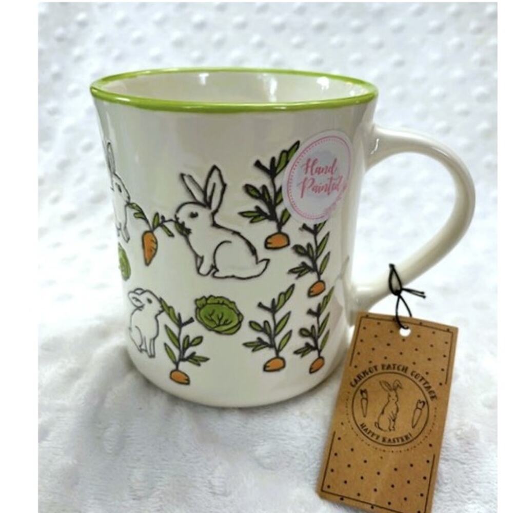 Carrot Patch Cottage White Bunnies, Cabbage, & Carrots Handpainted 21oz Mug-NEW